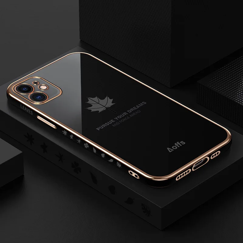 

Phone Cases For iPhone 12 11 Pro Max XS XR 8 7Plus Mini SE 20 Case Maple Leaf Plated Gold Soft Silicone Cover