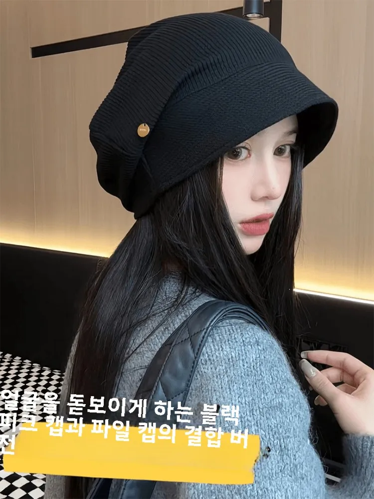 Черная шапка-бини корейской серии женская осенне-зимняя шапка с большой
