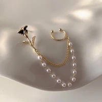 retro single piece gold color metal enamel flower clip earrings for women simulated pearl long tassel earring korean jewelry