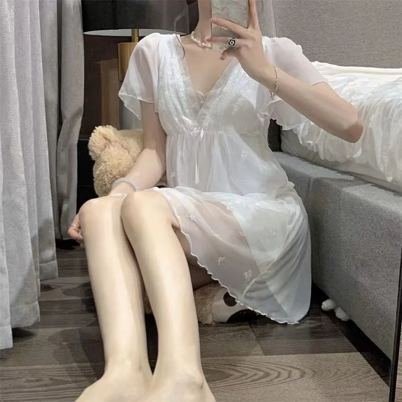 Sexy Womens Summer Nightdress Lace V-Neck Sleepshirt Cute White Nightgowns Nightwear Spring Sleepdress with chest pads Pajamas
