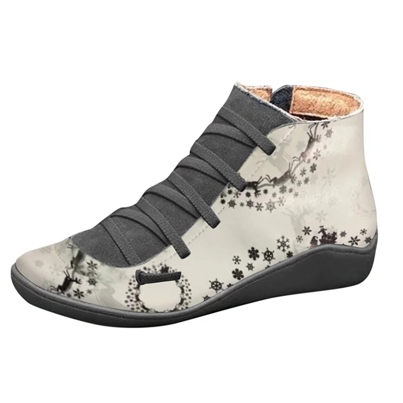 2023 Retro Women Christmas Printing Comfortable Flat Zipper Short Booties Round Toe Shoes Fashionable Design High Quality Boots