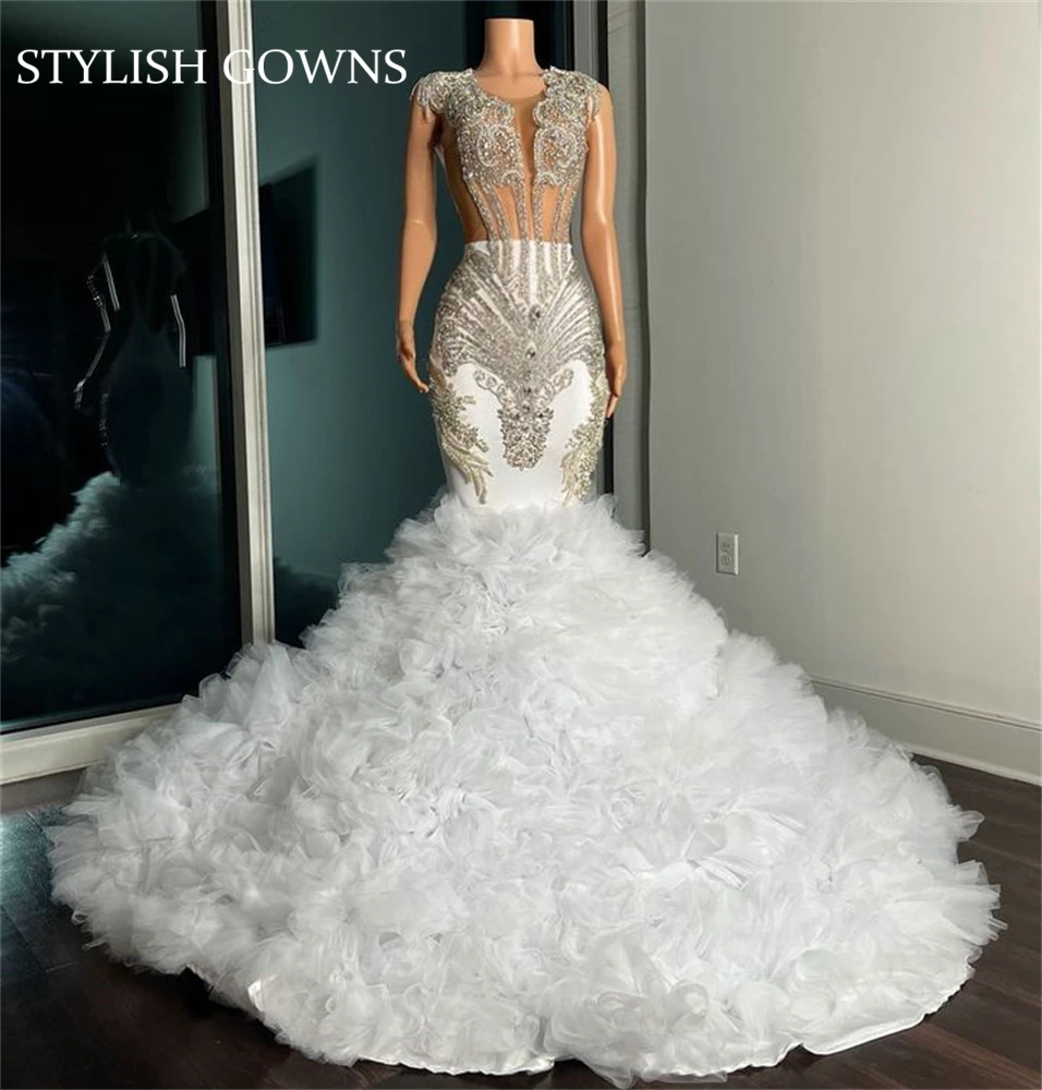 

Белое Прозрачное длинное платье для выпускного вечера с круглым вырезом для девушек, вечерние платья с бусинами и кристаллами для дня рожде...