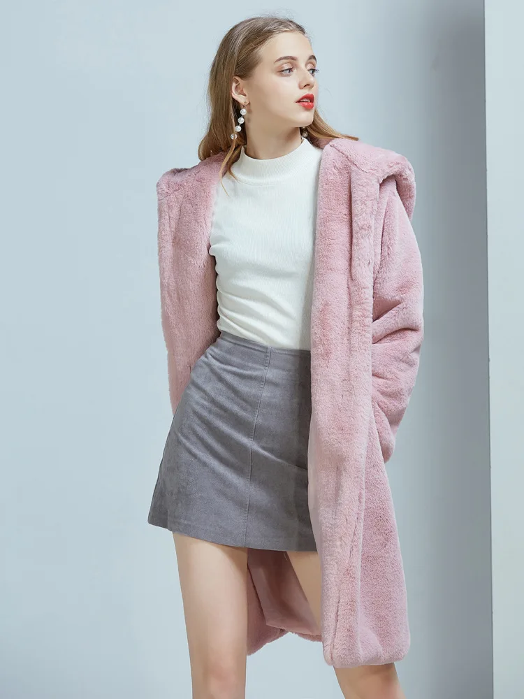 Winter Casual Faux Fur Pink Hooded Long Coats Women 2022 Fashion Solid Color High Street Plush Coats Ladies Warm Thick Outwear