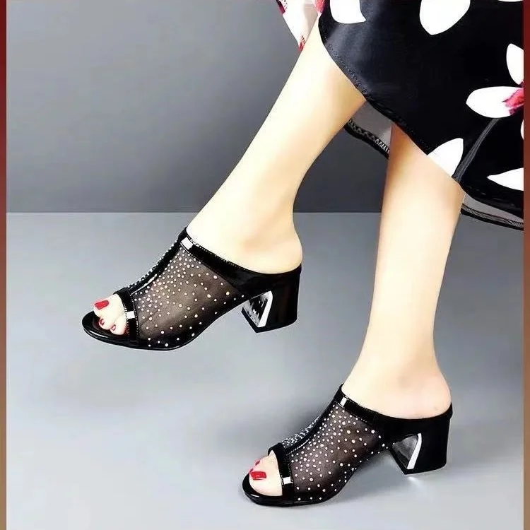 

Slippers Women Shoes Summer Slides Luxury Brand Woman Shoe Elegant with Medium Heels Rhinestone Fish Toe Mesh Sandals Fashion