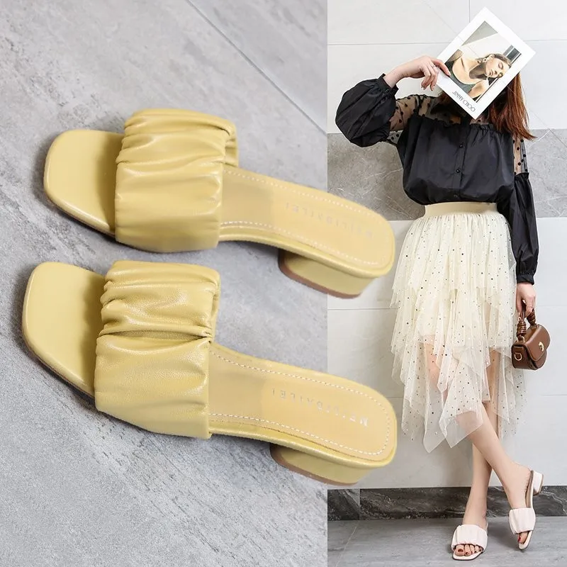 2022 Women New Leather Mid-heel Fashion Simple Square Head Flat Thick Heel Large Size Sandals And Slippers Women's Shoes35-43