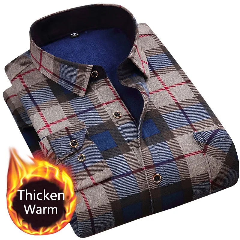 

2022 Winter Mens Fashion Thicking Warm Long Sleeve Plaid Shirt Male Business Casual Fleece Lined Soft Flannel Dress Shirts L~5XL