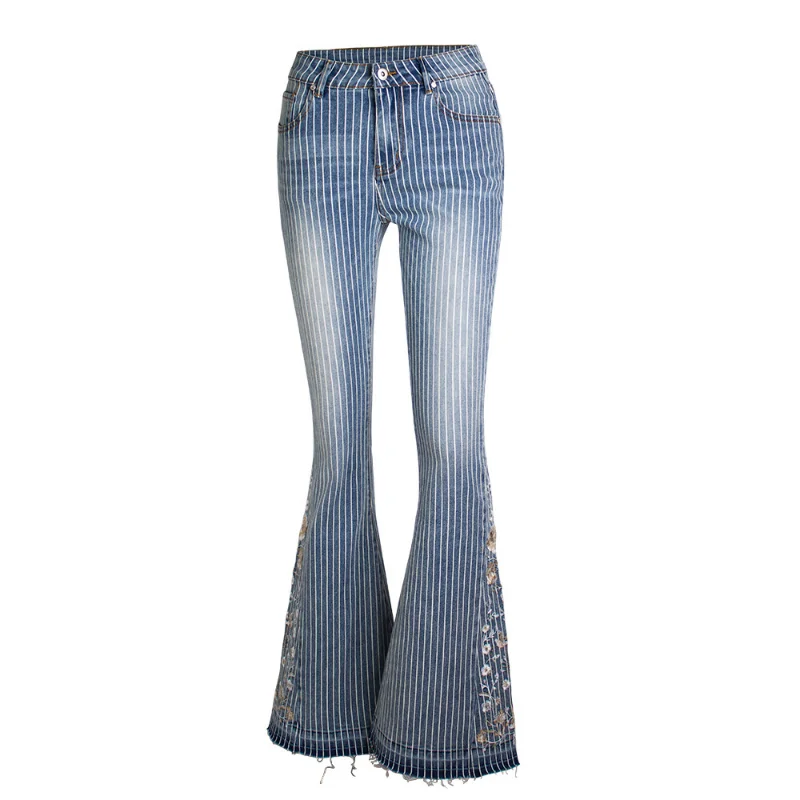 Flared Jeans Women Heavy Industry Embroidery Women's Jeans Trousers Striped Flared Pants