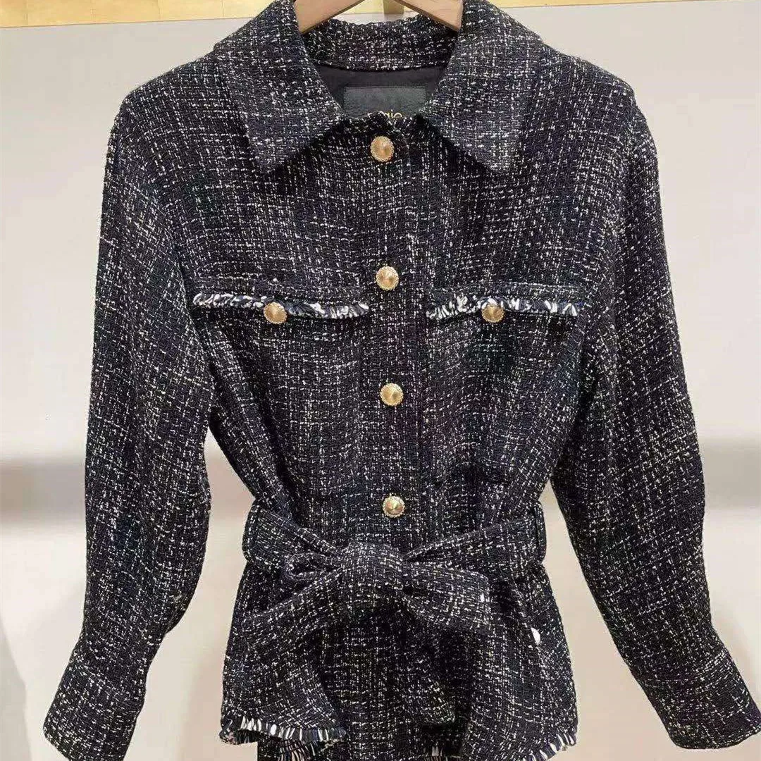Women's gray winter jacket tweed stitching fringed edge French brand casual office ladies warm long-sleeved jacket