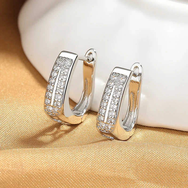 

New U-shaped Double Row Zirconia Set Earrings for Women Glamorous Cocktail Party Jewellery Birthday Gift Free Shipping