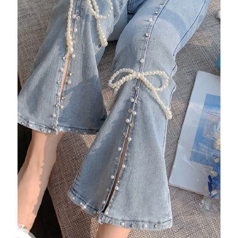 

Женские джинсы с завышенной талией, новая корейская мода 2023 года, Xiangao, универсальные широкие брюки в тяжелой промышленности с разрезом и бусинами