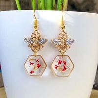gold bee earrings red flowers gold flakes resin handmade earrings unique steampunk animals rhinestones
