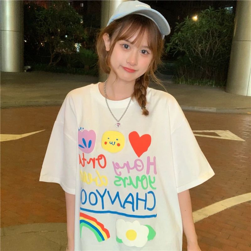 

6803 women Cute printed loose mid-length half-sleeved ins super fire new short-sleeved T-shirt