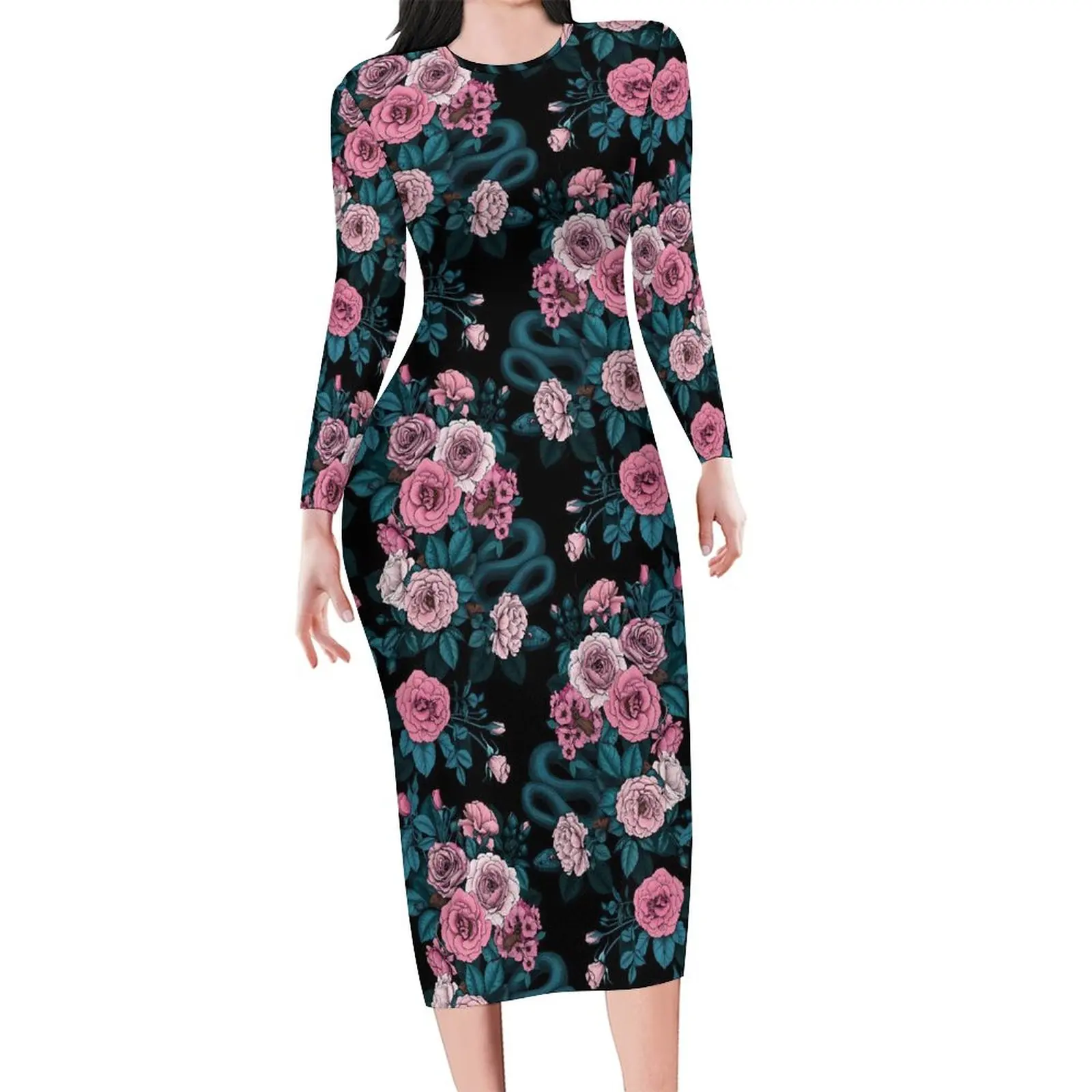 

Rose Floral Print Dress Long Sleeve Pink Flowers Street Wear Dresses Spring Sexy Bodycon Dress Ladies Design Oversized Clothing