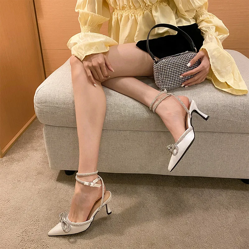 

New Women's Sandals Stiletto Pointed Toe Rhinestone High Heels Fashion Bow Lace-Up Vulcanized Shoes Sandalias Mujer Verano 2022