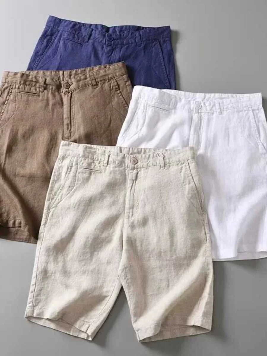 Summer Khaki Linen Shorts Men's Korean-Sle Loose Commuter Casual Straight Pants Solid Breathable Thin Cropped
