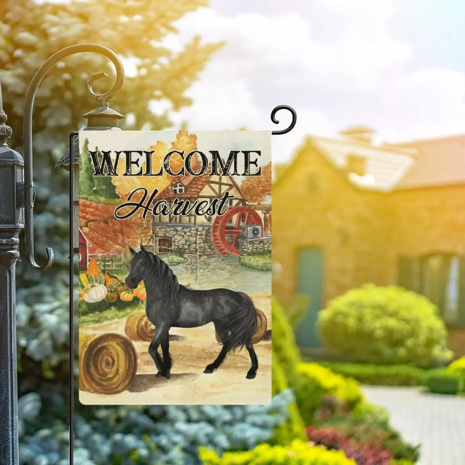 Fall Gold Farm Horse Welcome Outdoor Flag Garden Decor Thanksgiving for Outside Farmhouse 12x18in Burlap Verti