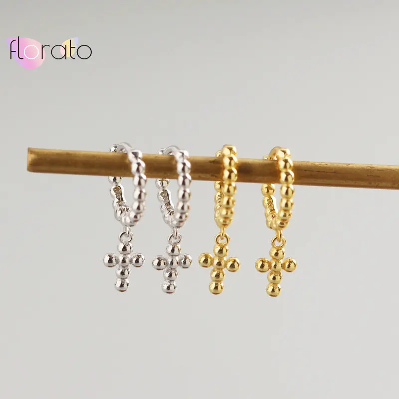 

925 Sterling Silver Needle Geometric Ball Cross Pendant Hoop Earrings For Women Metal Rock Punk Earrings 2023 Fashion Jewelry