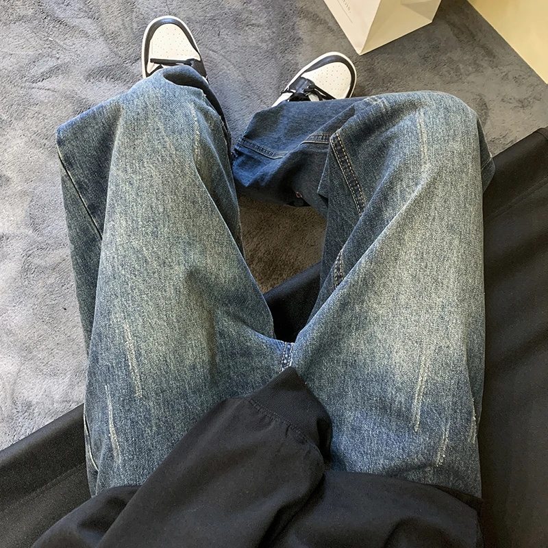 Four Seasons American High Street Jeans Men's Trend Simple Versatile Loose Wide Legs Casual Straight Pants Ins Hot Sale Cotton