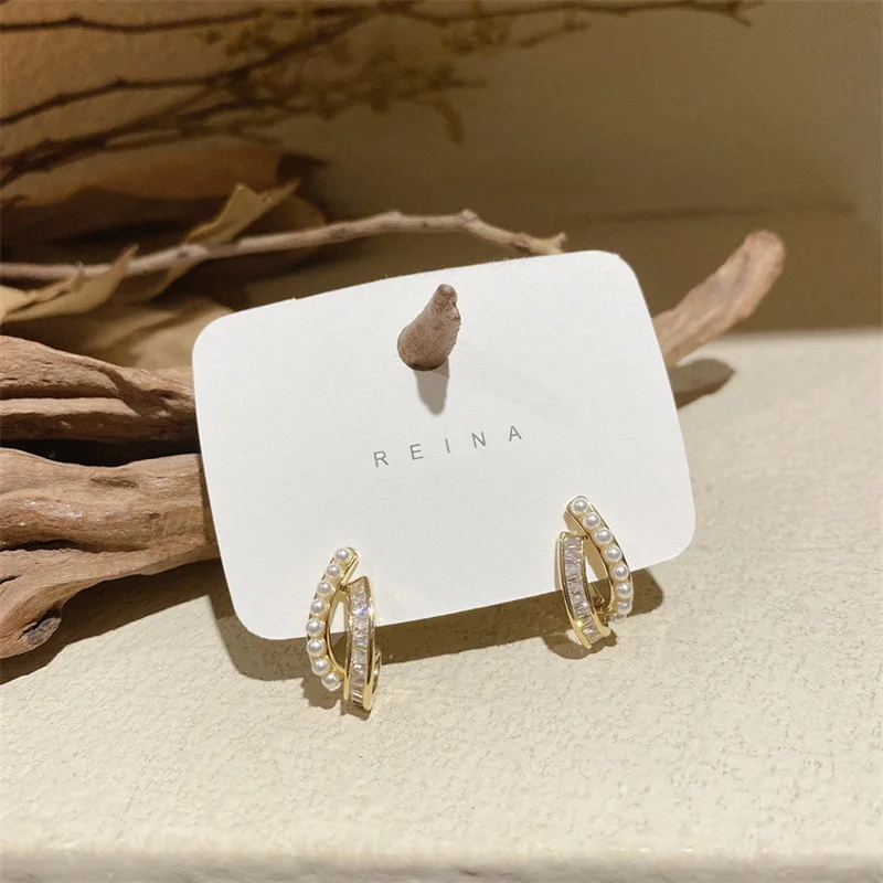 Модные серьги-гвоздики с жемчугом и кристаллом циркония для женщин девушек