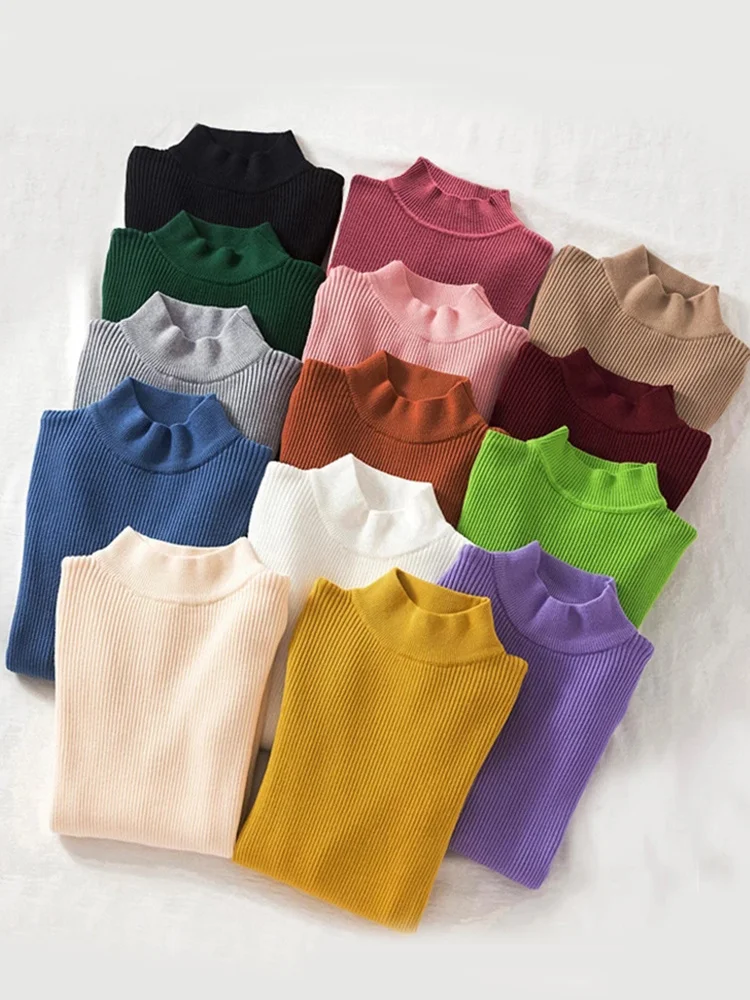

Women Pullover Sweater Tops Fashion Half Turtleneck Knitted Female Jumper Long Sleeve Winter Black Soft Elastic Bottoming Shirt