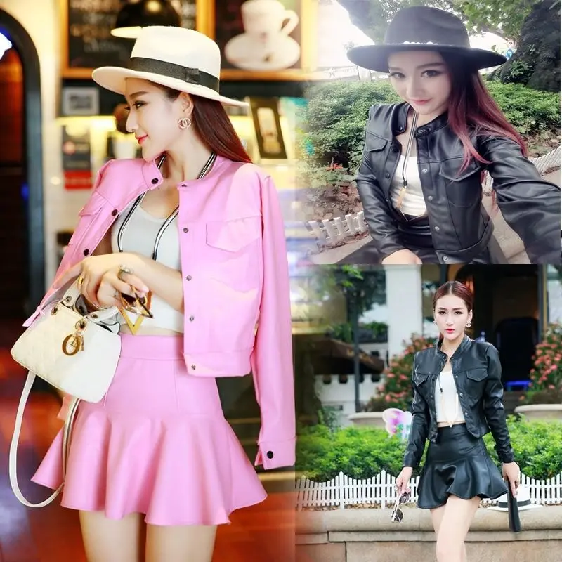 Женские кожаные комплекты из 2 предметов пикантный короткий приталенный жакет на