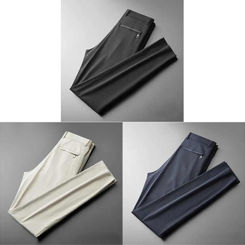 

Men Pants Summer New Business Fashion Straight Casual Pants Mid Light Elastic Loose Breathable Thin Pants