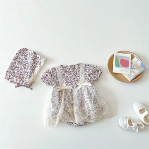Infants Baby Summer Rompers Short Sleeve Floral Lace Princess Bodysuits with Hat Children Onepiece C in Pakistan
