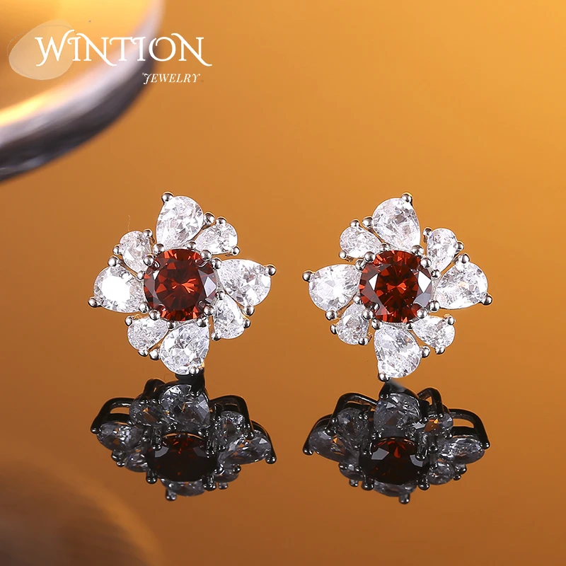 

WINTION S925 Sterling Silver Earring For Women Zircon Round Silver Plated Stud Earrings Rhinestone Accessories For Ladies