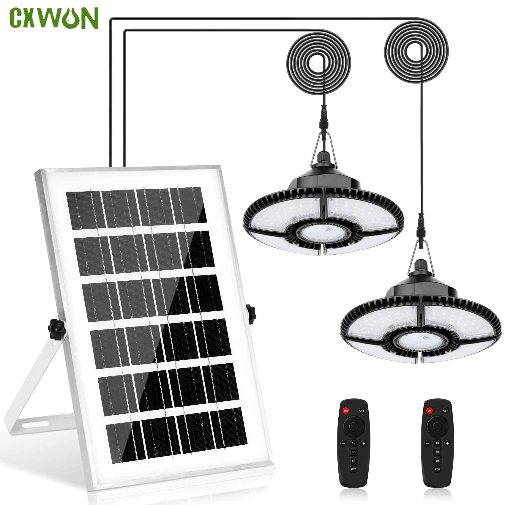 Solar Panel Shed Light Double Head 1000LM Indoor Dimmable LED Solar Chandelier Pendant Lights for Garage Gazebo Home Lamp