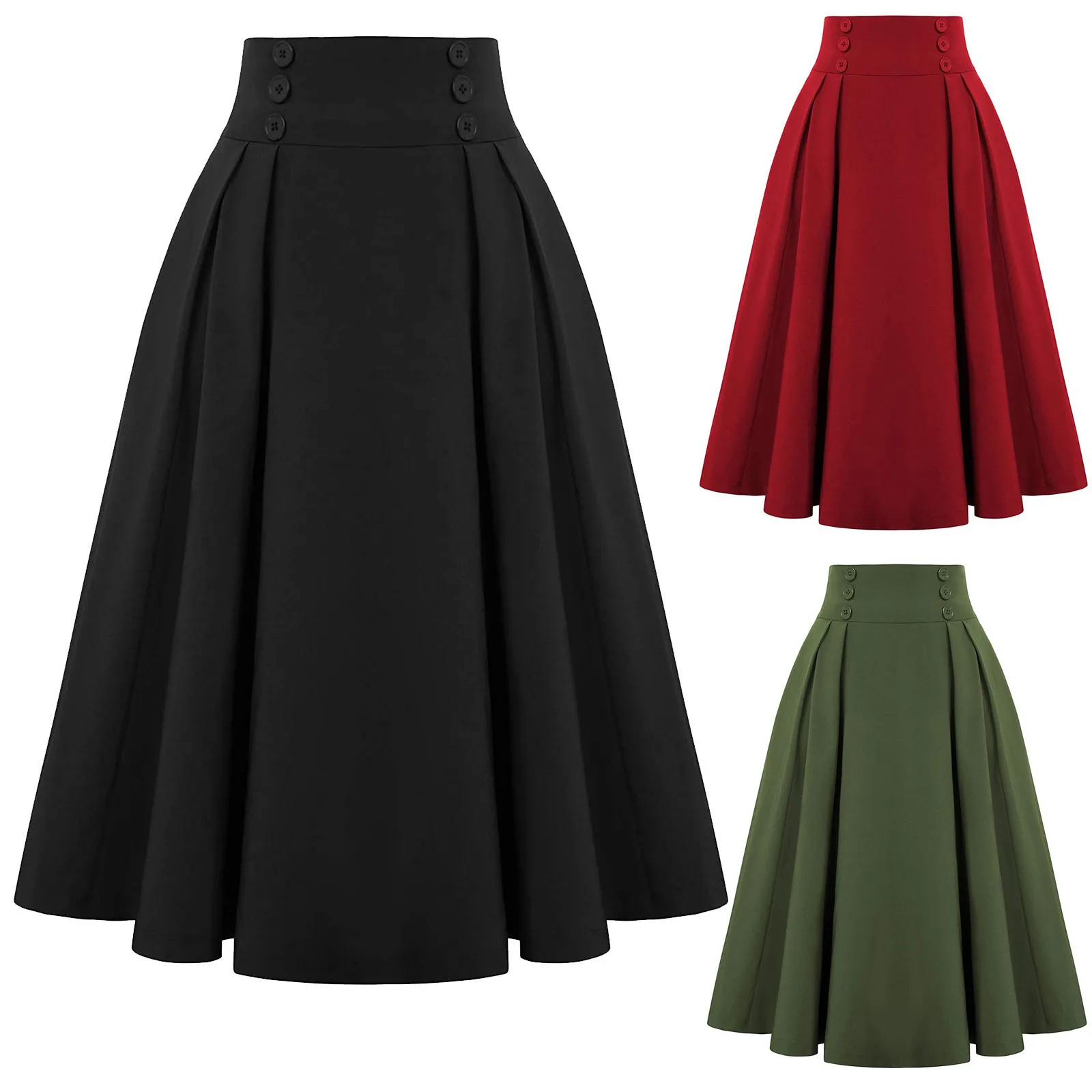 Women High Waist Skirt 2021 Vintage Style Elastic Ladies A Line Fashion Pleated Skirt With Pocket Harajuku Solid Color Skirt