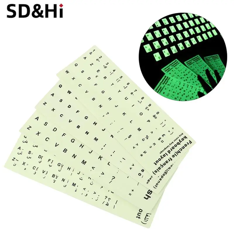 

Luminous Spanish English Russian Arabic French Keyboard Stickers Letter Alphabet Layout Sticker For Laptop Desktop PC