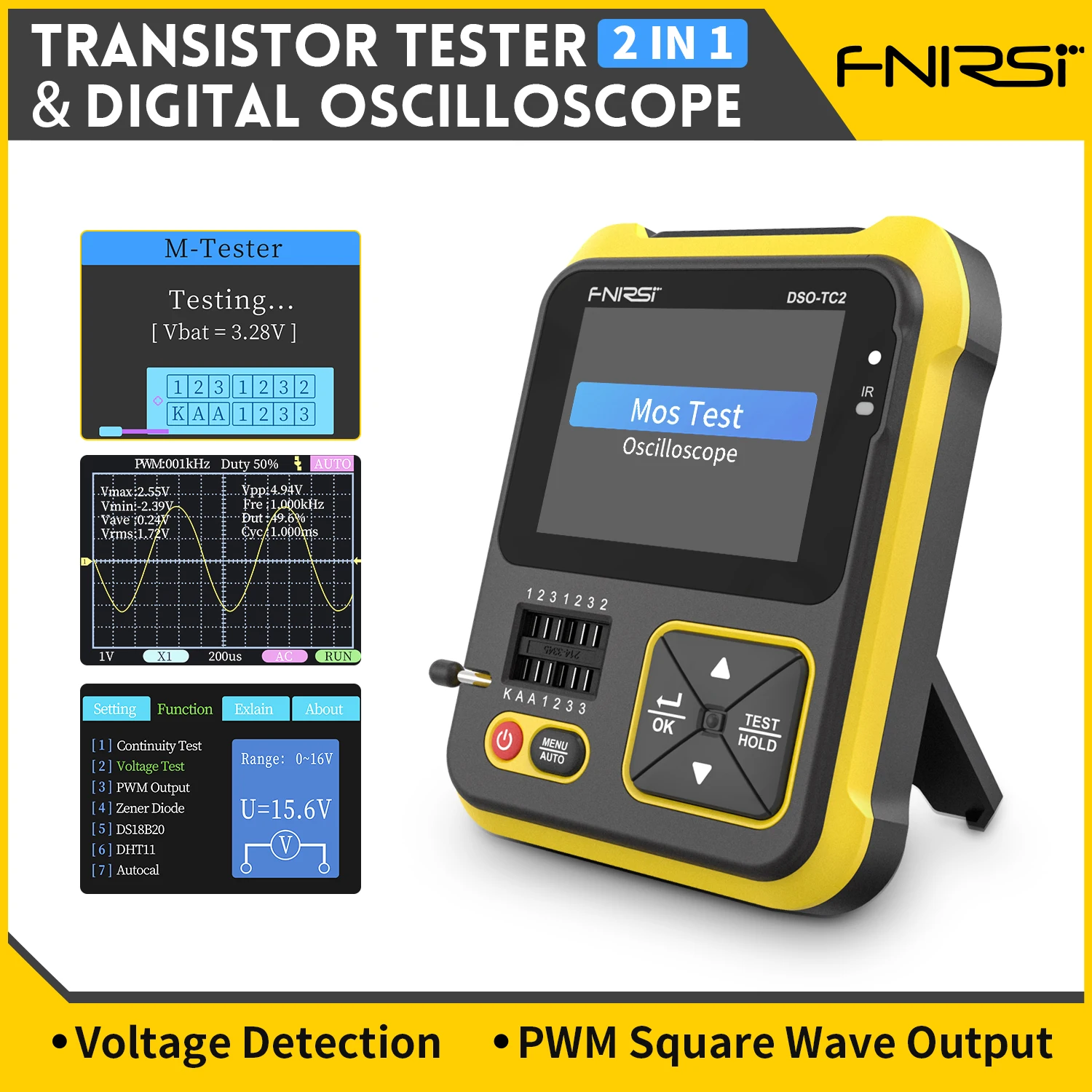 

FNIRSI DSO-TC2 Portable Digital Oscilloscope Transistor Tester 2-in-1 Multi-function Multimeter Diode Voltage LCR Detect PWM Out