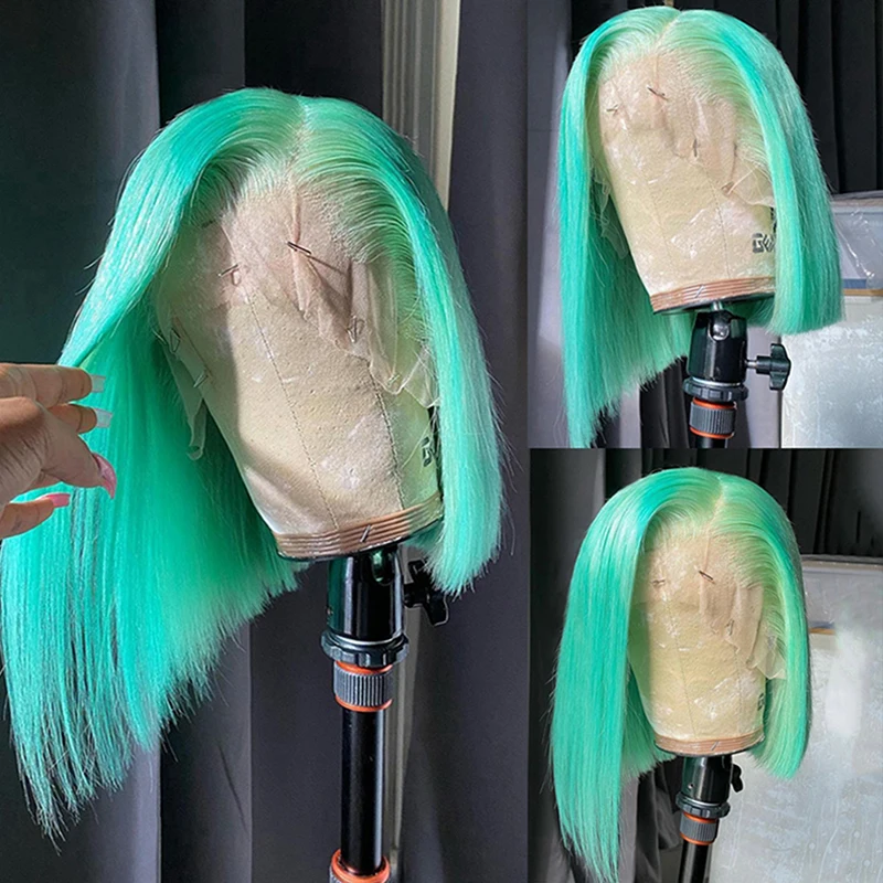 Зеленый Боб Пикси Короткие Прямые Волосы Парик Hd Прозрачные Кружева Фронтальные