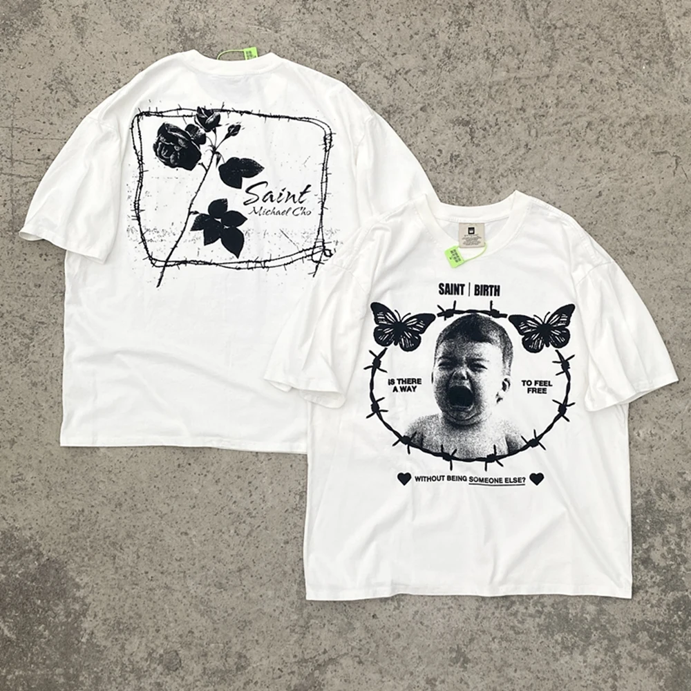

Frog Drift New Fashion Streetwear SAINT MICHAEL Vintage Retro Oversized Loose Summer Cotton Tee Tops T-shirt for men