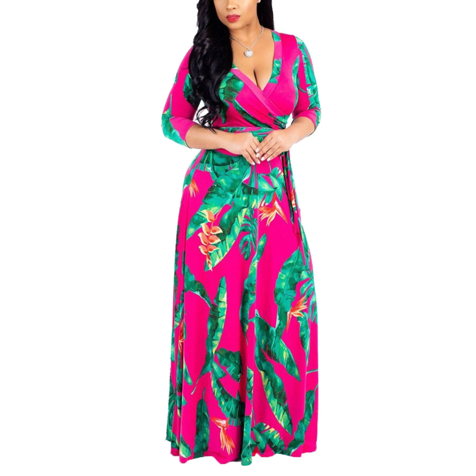 

Ladies Dress V-Neck 3/4 Sleeve With Belt Fashion Sundress Long Maxi Dress Floral Summer Dress