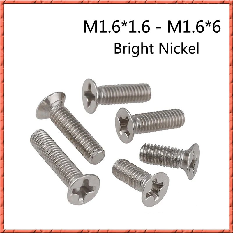

500pcs/lot M1.6*2.5/3/4/5/6/10 DIN965 Heat treatment hardened Countersunk/flat head Cross slot philips micro screw Bright nickel