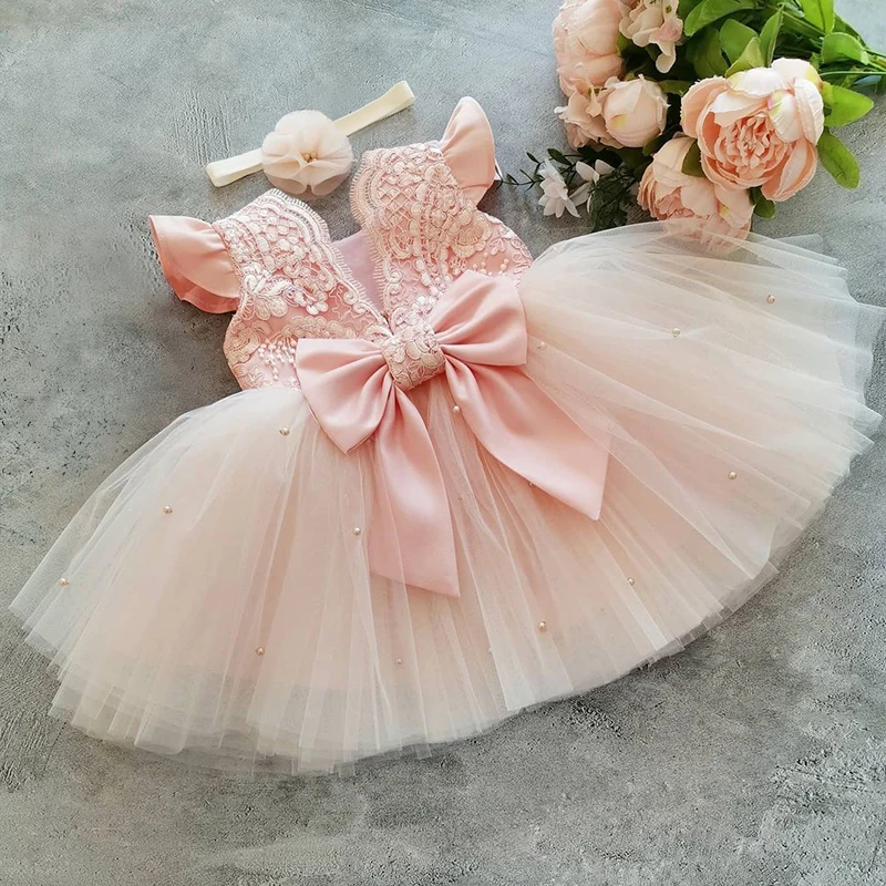 Cute Baby Girl Pink Princess Dress Newborn Girls 1st Year Birthday Party Embroidery Flower Costume Infant Bow Baptism Clothes