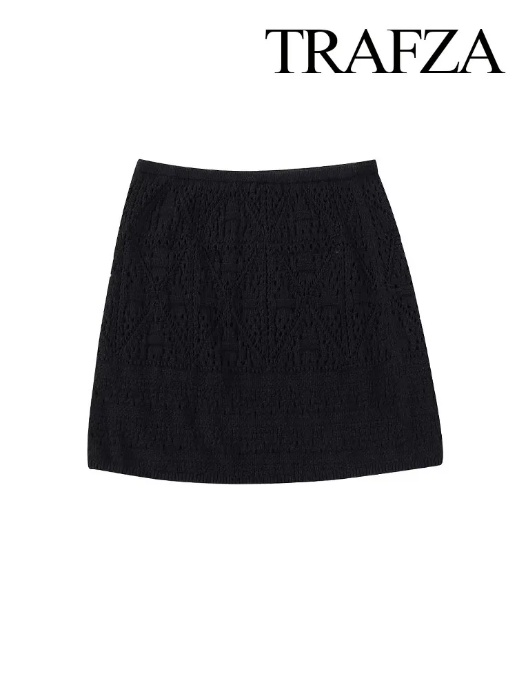 

TRAFZA Female Summer New Fashion Knitted Mini Skirts Solid Color Elastic Waist Crochet Flower Woman's Elegant Slim Skirts