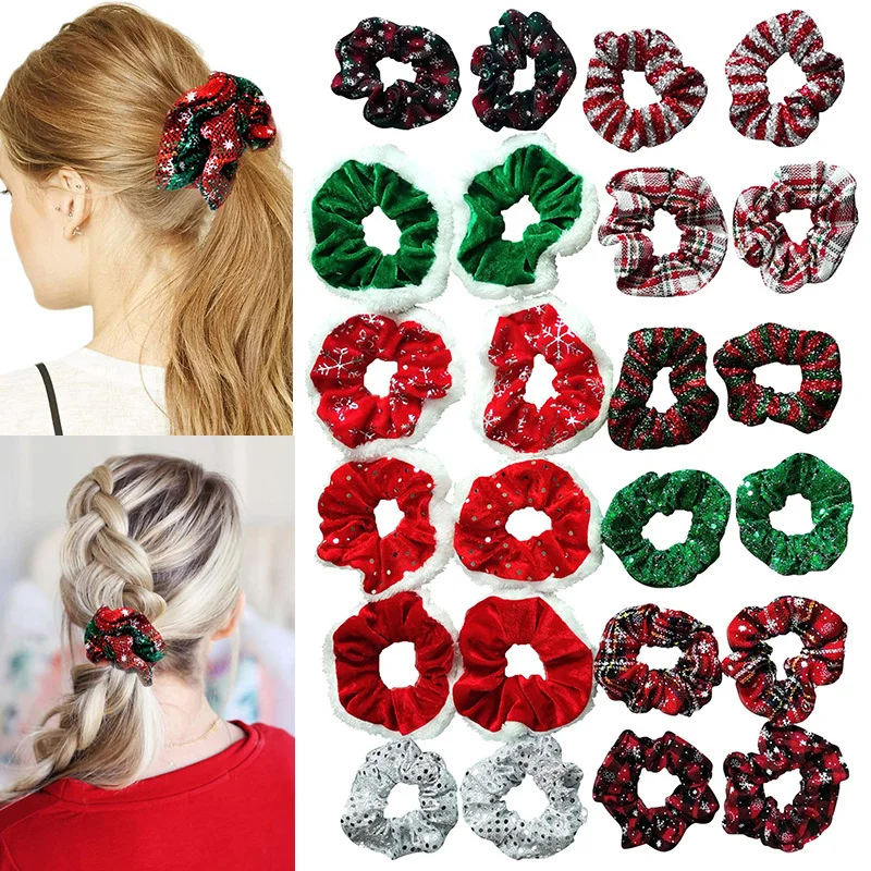 

24Pcs/Set DIY Christmas Hair Scrunchies Shiny Flannel Ponytail Holder Hair Ties Sequins Plaid Pattern Soft Hair Rope Set