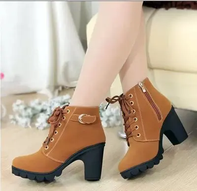 Autumn and Winter 2021 New All-match High-heeled Women's Boots Cross-lace Short Boots Thick-heeled short Boots Leather Boots