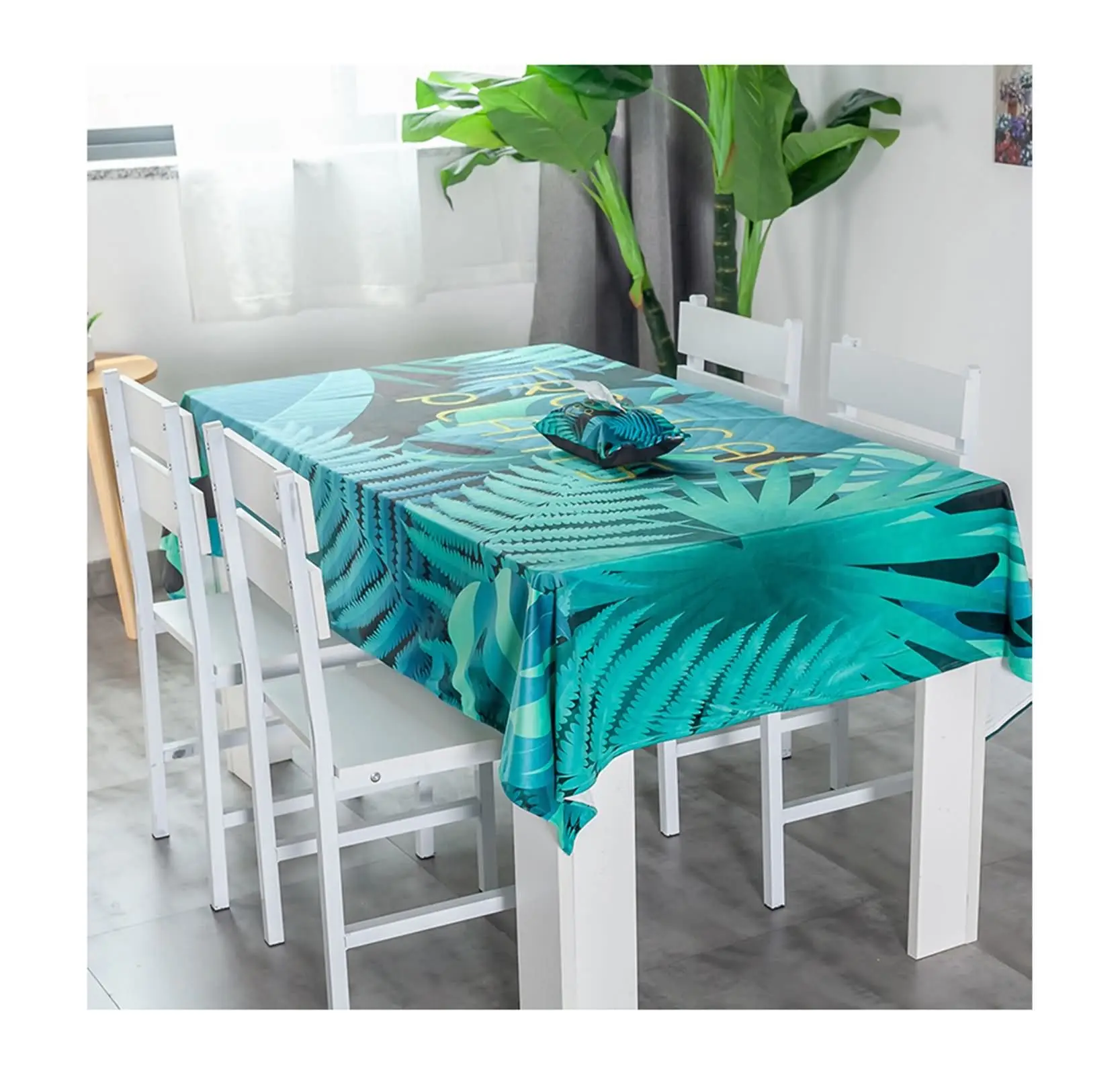 

Скатерти из хлопка и льна, водонепроницаемые чехлы для стола с тропическими листьями, зеленый синий обеденный стол, кофейный столик