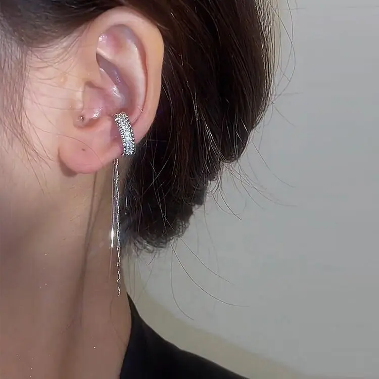 

European and American Style Micro-inlaid Zircon C-shaped Tassel Ear Clip Bone Female Niche Design Simple No Ear Hole Ear Clip