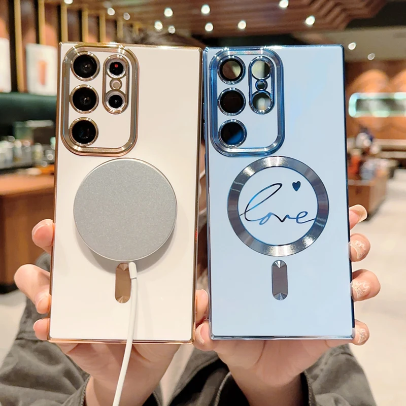 

Luxury Plating For Wireless Charging Magsafe Case For Samsung Galaxy S23 S22 S21 Ultra Plus Silicone Glass Lens Protective Cover