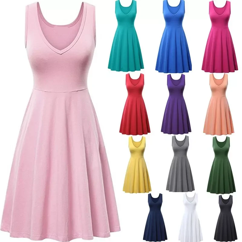 

New2022 V-neck Pocket Summer Dress 2021 Solid Color Women's Sleeveless Midi Dresses Plus Size Beach Vest Dress Vestido de Mu