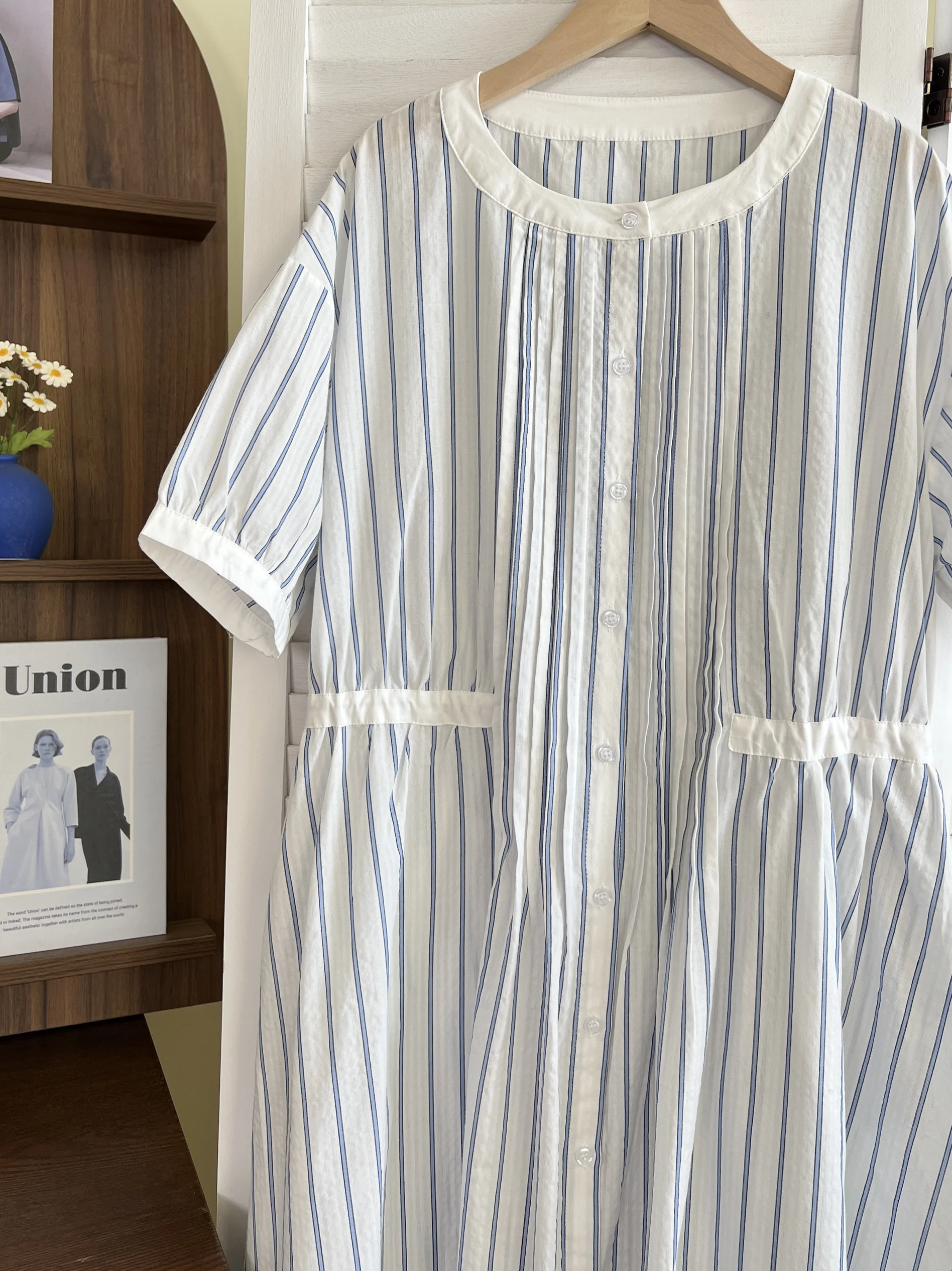 Japan fashion Knowledge Girl Vertical Stripes Pure Cotton Patchwork Waist Line Bubble Short sleeve Dress Loose Slimming Long ...