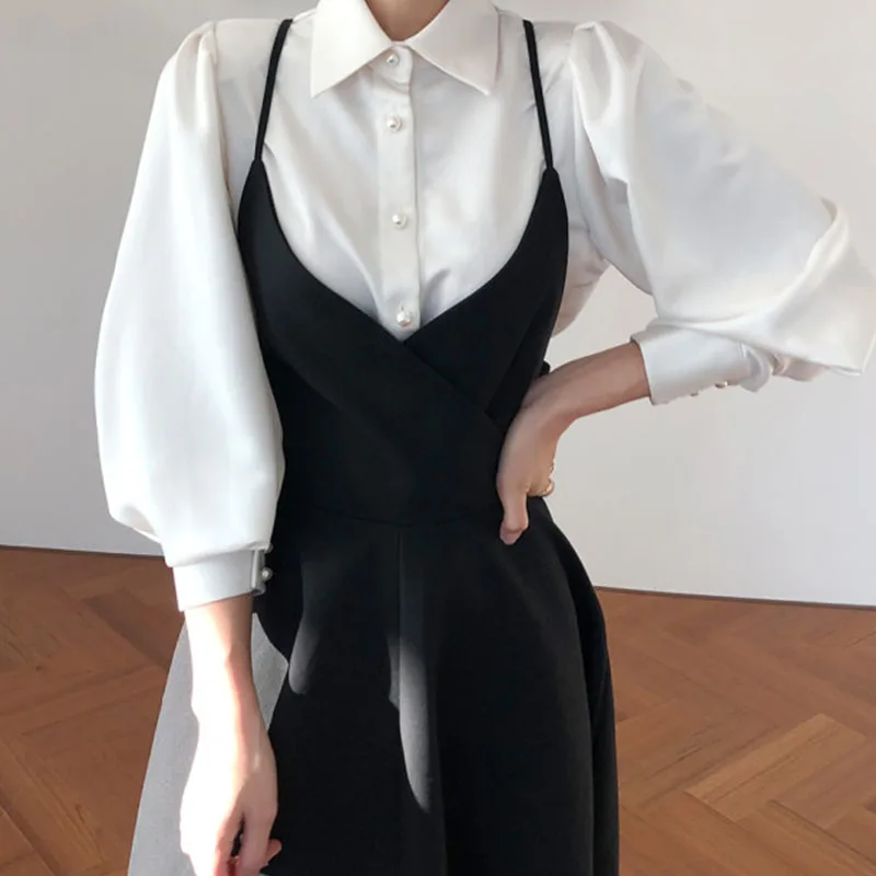 

Korean Style Dress Sets Vintage Two Piece Set Women Outfits Long Sleeve White Shirt + Strap Black Dress Elegant Ensemble Femme