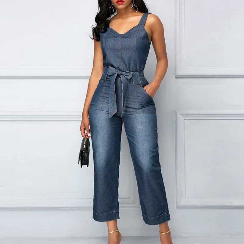 

Office Lady Fitted Denim Overall Fashion Strap Off Shoulder Belt Long Jean Women's Jumpsuit Elegant Backless Pockets Bodysuit