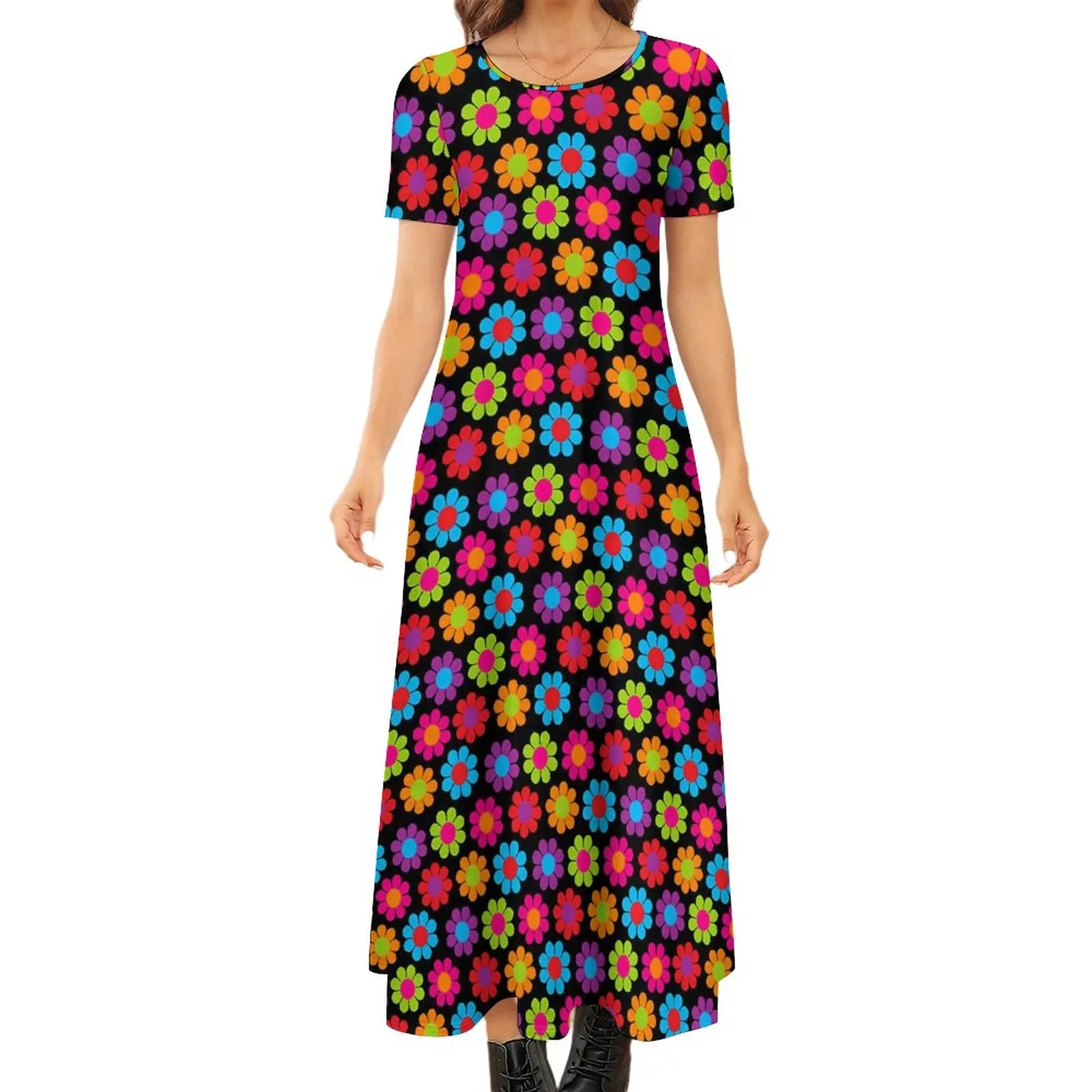 

Flower Power Dress Vintage Floral Vintage Maxi Dress Female Short Sleeve Funny Boho Beach Long Dresses Big Size