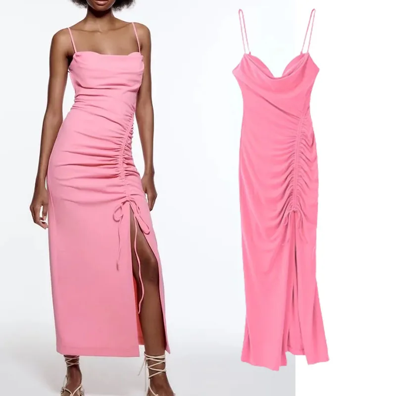 

TRAF ZA ree Slip Dresses Women Sexy Spaghetti Straps Backless Dress Woman Vintage Ruched Midi Dress Split Bodycon Party Dresses