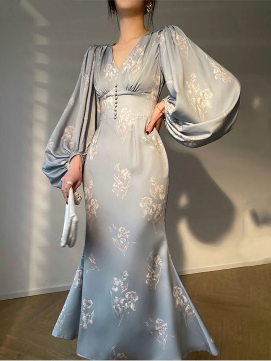 

Slim Midi Dress 2023 Women Summer Fashion New Printing Elegant Evening Party Mermaid Dresses Long Sleeve V-neck Fmeale Clothing